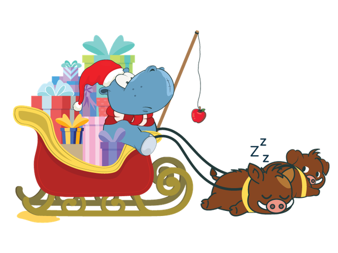 Roderick the Hippo as the Hogfather in his sleigh