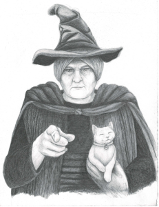 An illustration Granny Weatherwax, pointing at the viewer (a la the famous Uncle Sam poster). She holds You, the white kitten, in the crook of her arm.