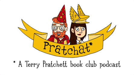 The Pratchat Podcast Logo featuring Rincewind (Ben) and Moist von Lipwig (Liz)