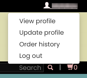 A screen shot of the top right corner of the ausdwcon.org website, showing the drop down menu below a logged-in user's username. The menu contains the entries: View profile, Update profile, Order history and Log out.