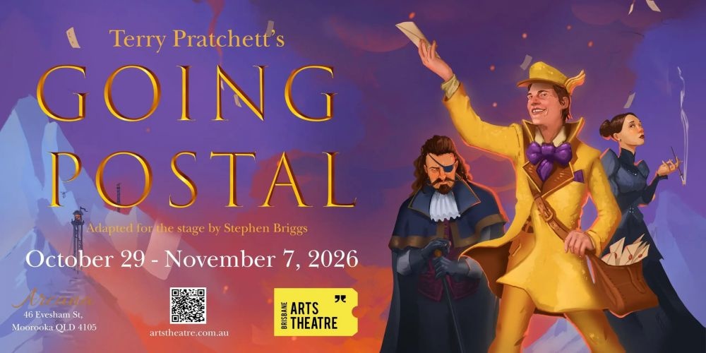 Going Postal - Moist von Lipwig stands triumphant in his gold suit, with Reacher Gilt and Adora Belle Dearheart in the background