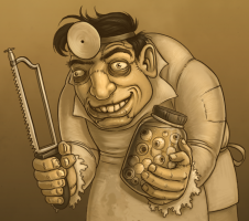 Igor, holding a jar of eyeballs and a hacksaw