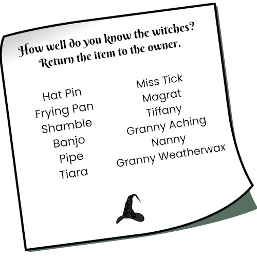 A note which says "How well do you know the witches? Return the item to the owner" followed by the list of items: Hat Pin, Frying Pan, Shamble, Banjo, Pipe, Tiara; and the Witches names: Miss Tick, Magrat, Tiffany, Granny Aching, Nanny, Granny Weatherwax