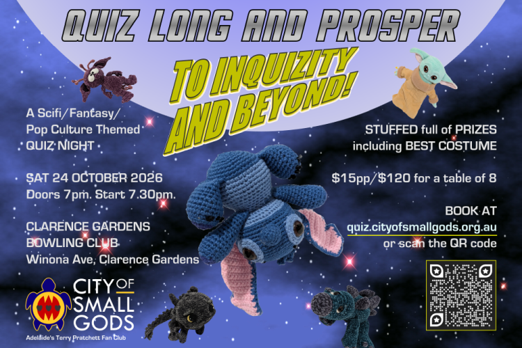 Quiz Long And Prosper: To Inquizity And Beyond. A Space scape with various stuffed toys floating in space, with textual information about the quiz night.