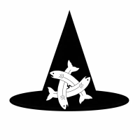 Three fish in a triangle imposed upon a black witch's hat.