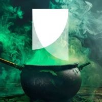A witch's cauldron bubbling green smoke, with the Uncertain Curtain theatre company logo on top of the smoke.