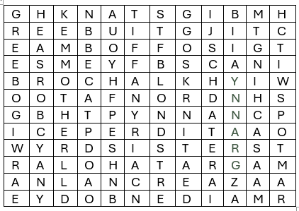 A Find-a-Word grid of letters.