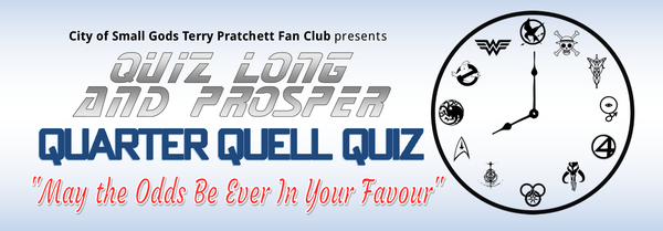 Quiz Long and Prosper: Quarter Quell Quiz including a Clock depicting the logos of several science fiction and fantasy franchises